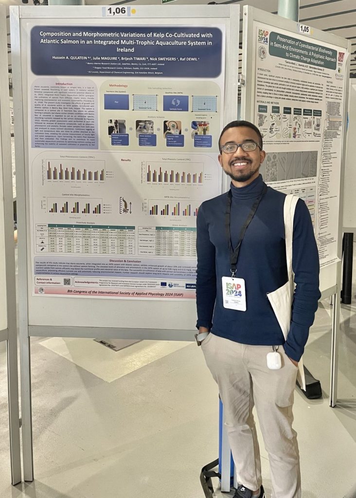 Hussein Ahmad Qulatein presenting his poster "Composition and Morphometric Variations of Kelp Co-Cultivated with Atlantic Salmon in an Integrated Multi-Trophic Aquaculture System in Ireland" at the 8th Congress of the International Society for Applied Phycology in Porto, June 2024